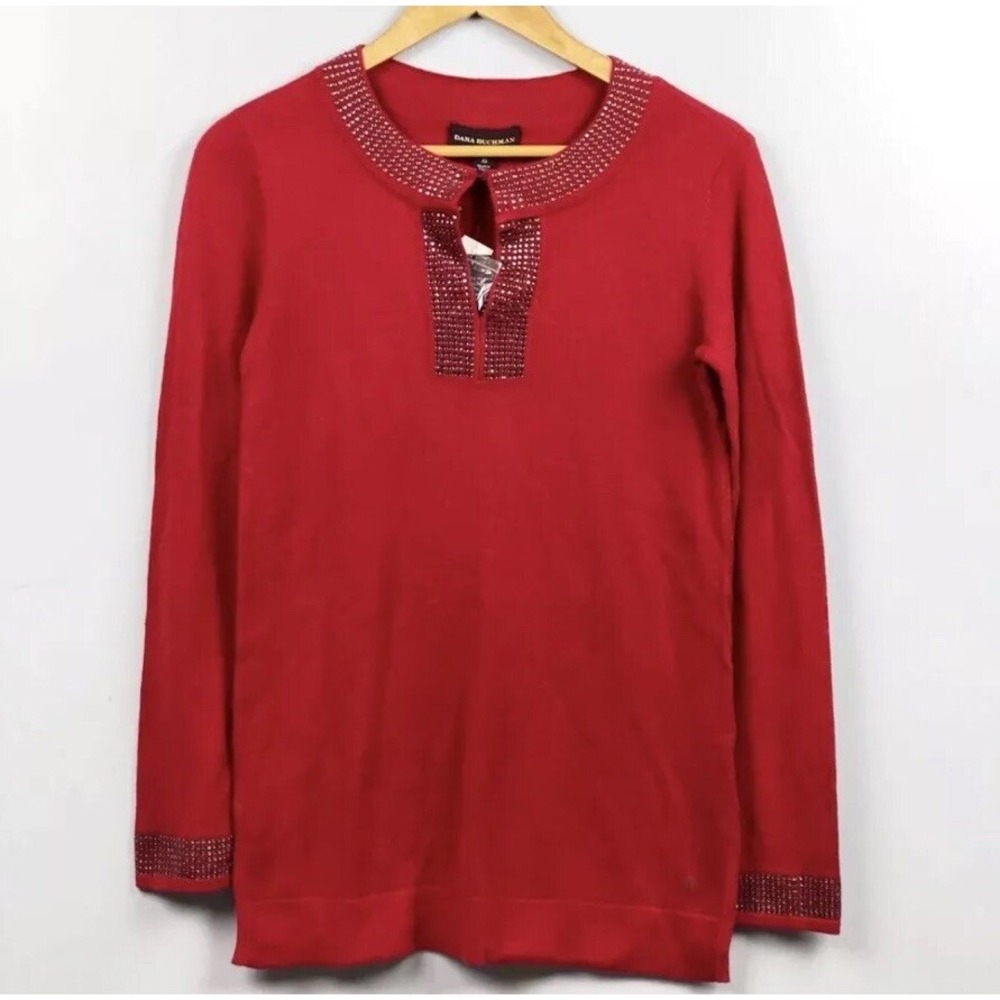 Dana Buchman Sweater XS Red Jeweled Knit Blouse